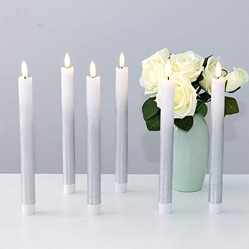 Image of Silver Flameless Taper Candles Battery Operated with Remote Timer, Real Wax 3D Wick Flickering LED Taper Candles Dinner Wedding Holiday Decor(6 Pack, 0.78 x 9.64 Inches)