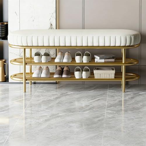 Banc à chaussures blanc 100 cm avec coussin gris et étagère de rangement - 2