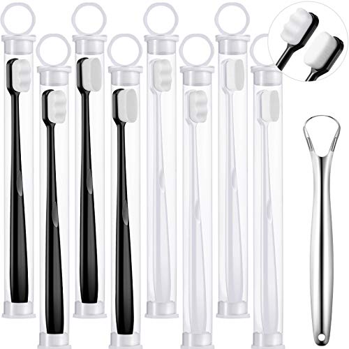 8 Pieces Soft Toothbrush with Tongue Scraper, Micro-Nano Manual Toothbrush Extra Soft Toothbrush with 10,000 Bristles for Kids Adults Sensitive Teeth, Good Cleaning Effect, 2 Styles
