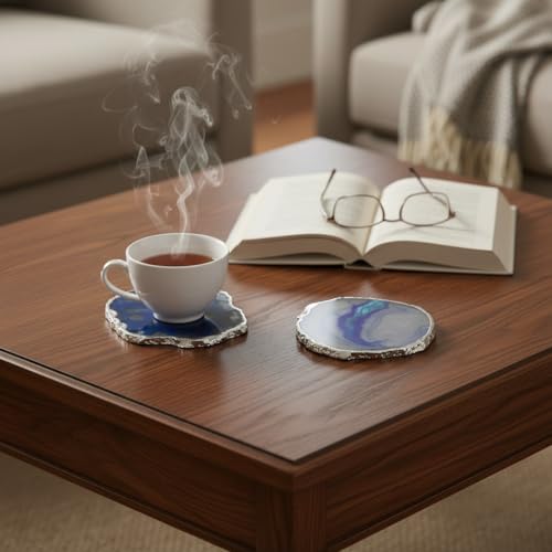 Image of Natural Agate Stone Tea Coasters Set | Premium Stone Coasters for Tea, Coffee & Glass | Heat Resistant Coasters for Dining Table, Office Desk & Home Decor | Pack of 2 | Color -Blue