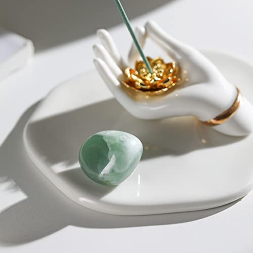 Handmade Mudras Palo Santo Holder, Ceramic Incense Holder For Palo Santo Sticks And Sage Sticks, Green Crystal Stone To Meditation, Yoga Sacred Decor #TOP3