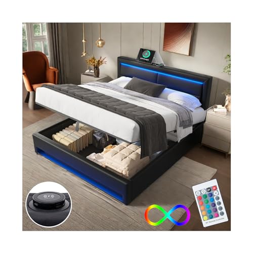 Lit 160x200 avec Sommier LED et USB, Lit Coffre 160x200 avec Rangement et Tete de Lit, Lit Double...