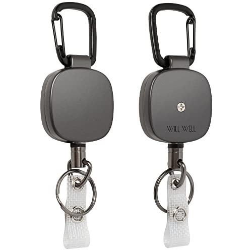 Will Well 2 Pack Retractable Badge Reels, Heavy Duty Carabiner Id Badge Holder, Retractable Keychain Key Holder [All Metal Casing, 27.5" Uhmwpe Fiber Cord, Reinforced Id Strap] #TOP10