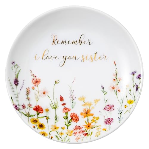 Crisky Jewelry Ring Dish for Sister Birthday Gifts, Thinking of You Gift for Sister Thanksgiving Day Christmas Graduation Gift Ideas (I Love You Sister) Floral Thrinket Tray