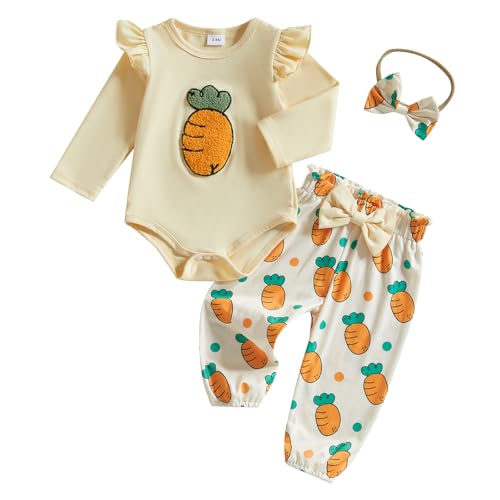 MAHUAOYIXI Toddler Baby Girls Easter Outfits Carrot Embroidery Long Sleeve Tops Romper with Elastic Waist Pants Headband 3Pcs Set Baby Clothes for Girls (Yellow, 6-9 Months)