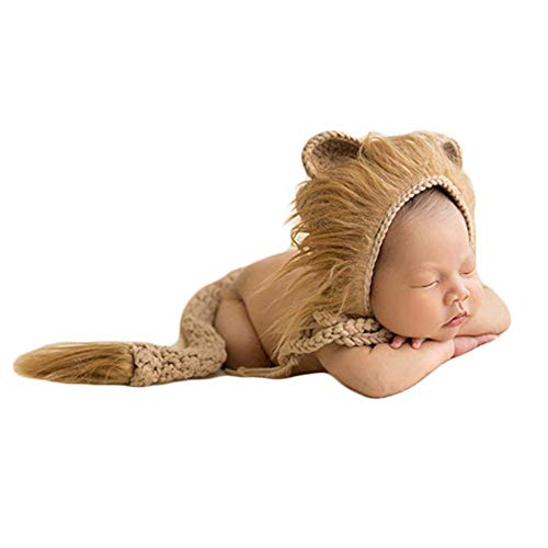 Newborn Baby Crochet Knitted Costume Photography Props Animal Lion Hats Tail Brown