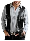 OYOANGLE Men's PU Leather Open Front Fringe Vest Boho Cowboy Western Sleeveless Jacket Waistcoat Black X-Large