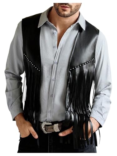OYOANGLE Men's PU Leather Open Front Fringe Vest Boho Cowboy Western Sleeveless Jacket Waistcoat