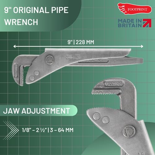 Footprint Original Adjustable Pipe Wrench - 9 Inch/225mm Heavy Duty Strong and Rigid Drop Forged High Carbon Steel Pipe Grips/Spanner. Essential Plumbing Tools. for Plumbers and Heating Engineers. - Image 4