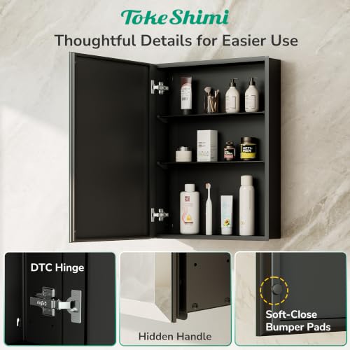 TokeShimi 14 x 24 Medicine Cabinet with Mirror, Assembly Required, Black Recessed Bathroom Medicine Cabinet with Tempered Beveled Mirror, Stepless Adjustable Shelves, DTC Hinge by TokeShimi - Used condition - Image 5