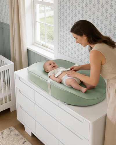 Image of Blissful Diary Vegan Leather Baby Changing Pad with Waterproof & Wipe-Clean PU Cover, Avocado Size Cozy Diaper Changing Pad for Dresser and Table, Light Green