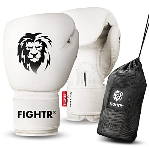 FIGHTR® Guantes de Boxeo de Piel auténtica para Hombres y Mujeres, para Boxeo, MMA, Muay Thai, Kickboxing y Artes Marciales, 10, 12, 14, 16 oz, Incluye Bolsa de Transporte