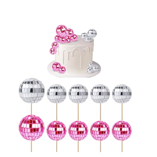 Yeesabella 10 Stück Discokugel-Cupcake-Topper, 70er-Jahre-Retro-Kuchendekorationen mit Stab für Dessert, glänzende Mini-Discokugel-Picker für Geburtstag, Disco-Mottoparty-Zubehör für Dekoration,