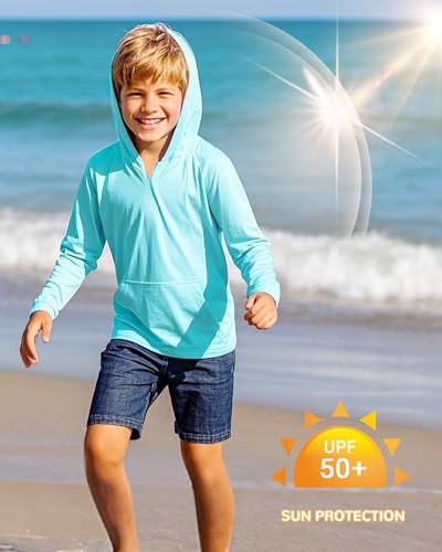 Image of Rash Guard for Boys Long Sleeve Hoodie Quick Dry Swim Shirt Youth UPF 50+ Sun Protection Fishing Shirts with Pocket Water Blue XL