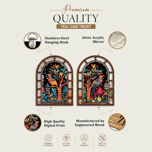 Image of Artvibes Colorful Bird & Floral Tree | Jharokha Mirror | Mirror Wall Hanging for Living Room, Hall, Bedroom & Dining Area | Indian Gift (WH 12003N), Set of 2