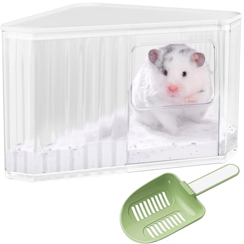 mini&moe Hamster Sand Bath Container - Small Animal Bathroom Shower Room Large Space Corner Digging Box with Cleaning Scoop Rat Dust Bath House for Guinea Pig, Hedgehog, Gerbil