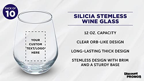 Custom Silica Stemless Wine Glasses 12 Oz. Set Of 10, Personalized Bulk Pack - Restaurant Glassware, Perfect For Red Wine, White Wine, Cocktails - Clear #TOP2