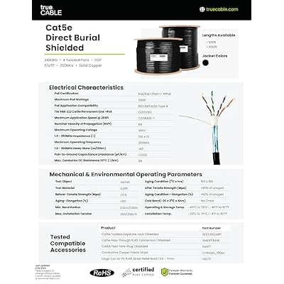 TRUE CABLE Cat5e Direct Burial Bulk Ethernet Cable, Shielded F/UTP, 500ft, Black, Waterproof, Outdoor OSP Jacket, 24AWG Solid Bare Copper, 350MHz, PoE++ 100W