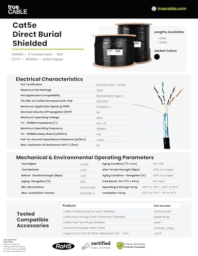 Image of TRUE CABLE Cat5e Direct Burial Bulk Ethernet Cable, Shielded F /UTP, 1000ft, Black, Waterproof, Outdoor OSP Jacket, 24AWG Solid Bare Copper, 350MHz, PoE++ 100W