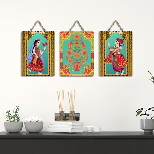 Artvibes Rajasthani Art Decorative Wall Art MDF Wooden Wall Hanger for Living Room | Art For Wall | Wall Sculpture | Signs & Plaques | Festive Decor | Wall Poster | Unique Gift (WH_9603N), Set of 3