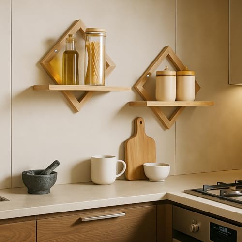 FURAOMEILI Schweberegale für die Wand,dekoratives Wandregal,hängendes Regal für Pflanzen,Aufbewahrung und Präsentation,Innenraumdekoration für Wohnzimmer,Zuhause,Büro,Massivholz,Diamantform,2er-Set