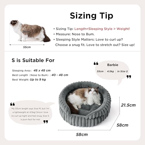 Image of Bedsure Cat Bed Washable Puppy Bed - 58x58cm Corduroy Fleece Large Round Cat Beds for Indoor Cats, Pet Bed with Non-Slip Bottom and Removable Reversible Cushion, Grey