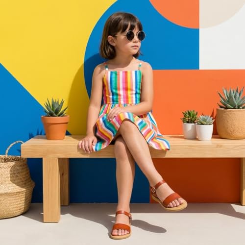 Image of CUSHIONAIRE Clara Casual Flat Girls Sandals, Adjustable Buckle Ankle Strap with Lightweight Cushioned Comfort Kids Sandals