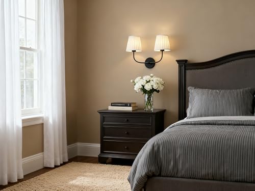 Image of Yosoan 2-Lights Indoor Linen Fabric Boho Wall Sconce, E26 Flared Funnel Fabric Shade Beige Wall Mounted Vanity Hardwired Double for Bedroom Hallway Living Room(Black)