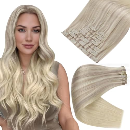 Image of Full Shine Human Hair Clip In Extensions, Ash Blonde 20 Inch | Invisible PU Flat Weft, for Thin Hair to Medium Hair, Heat Safe, Add Volume, Easy to Style, Full Head Lightweight, 8 Pcs 120g