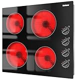 Karinear 24 Inch Electric Cooktop, 4 Burner Ceramic Cooktop with Knob Control - 6000W Built-in Radiant Stove Top, Residual Heat Indicator - 240V Hardwired for Apartment, Elderly Friendly Kitchen