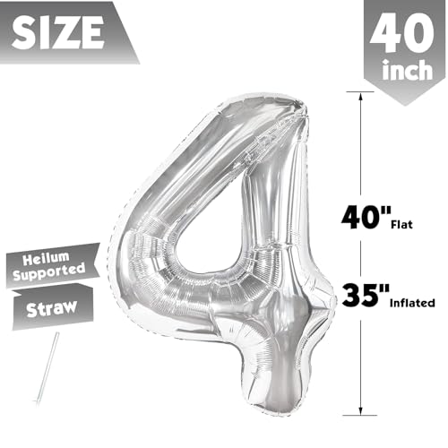 Image of 40 Inch Silver Number 4 Balloon Birthday Party Decorations for Men & Women | 40 Inch Silver inflatable foil number balloons, large birthday decorations for 4th birthday