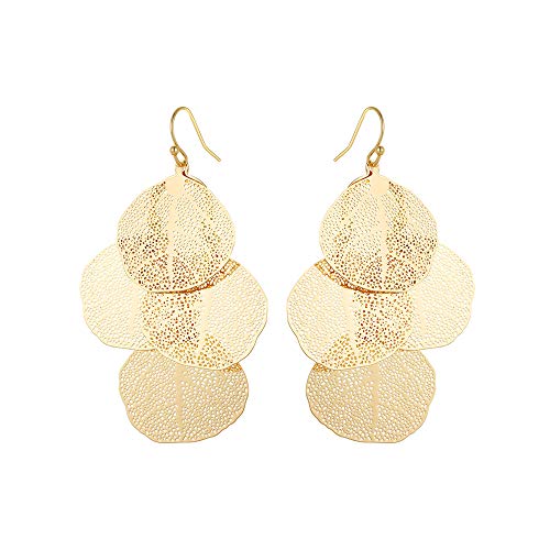 Bohemian Boho Filigree Leaf Chandelier Dangle Earrings for Women – Handcrafted Delicate – 14K Gold Plated – Lightweight