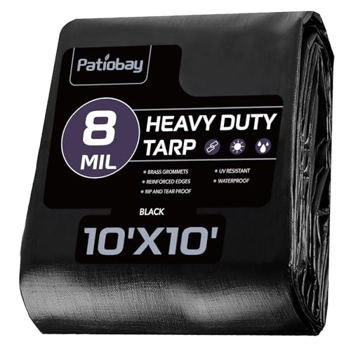 Patiobay Tarp 10x10 Feet 8 Mil Waterproof Tarps Heavy Duty with Grommets Every 23.6 Thick Plastic Tarp UV Resistant Tear&Fade Resistant Reinforced Edges for Outdoor Pool Camp Tent