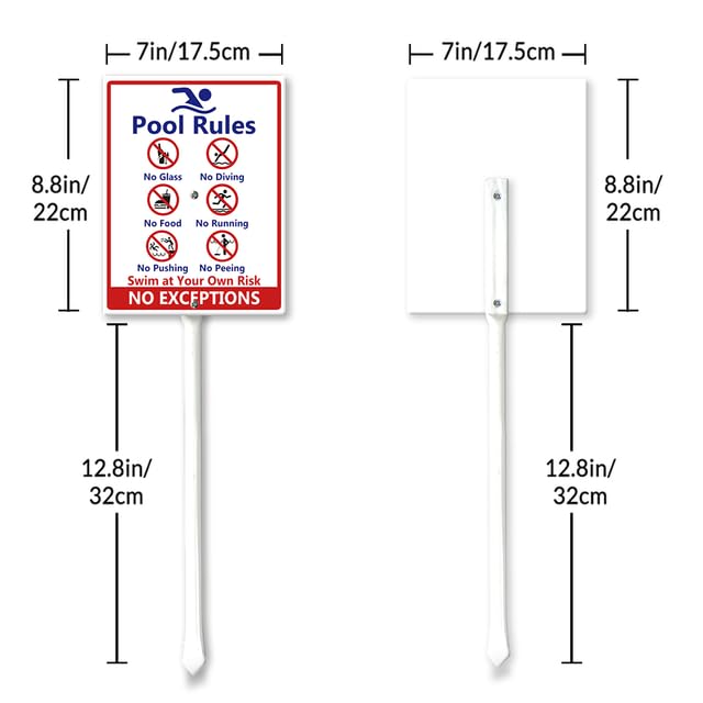 Cartelli Regole Piscina, "No Diving No Glass", "No Food No Pushing No Running No Peeing in Pool Swim at Your Own Risk" Cartello da Giardino con Pali, 17,5×22 cm, Cartelli da Giardino