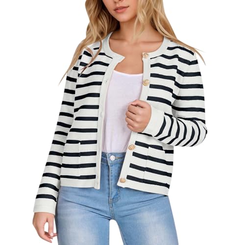 Women's Striped Cardigan Sweaters Gold Button Long Sleeve Crewneck Cardigans Casual Knit Sweater Jacket Coat with Pockets