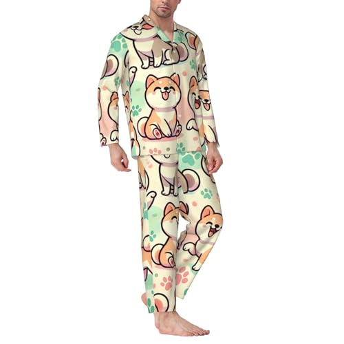 Mens Long Sleeves Pajama Set Shiba Inu Akita Funny Cozy Two-Piece Loungewear For Nighttime Comfort,Casual Wear3