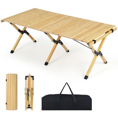 GIANTEX Mesa de Camping Plegable, Mesa de Picnic Portátil de Madera de Pino con Bolsa de Transporte, Mesa Ligera de Baja Altura para Playa, Exterior, Viajes, BBQ, Fácil Montaje, 48" L x 24" W x 18" H miniatura 1