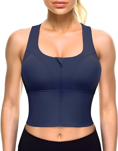 Image of Fabluk Women's Medium Impact Front Zip Sports Bra - Longline Fitness Crop Top with Criss-Cross Back, Wire-Free Yoga & Workout Tank, Sizes M-2XL