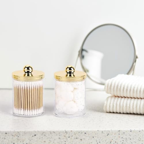 Image of Tbestmax 10oz Qtips Holder Bathroom Container - Plastic Apothecary Jar with Gold Lids for Cotton Bal Swab Round Pads, Floss - Gold
