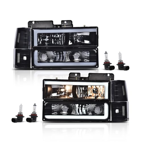 PIT66 LED DRL Headlights Assembly, Compatible with 1994-1998 Chevy C10 C/K 1500 2500 3500 Fit 94-99 Tahoe Suburban Yukon w/Turn Signal Bumper Lights Corner Lamps Headlamp Smoke Lens Clear Reflector