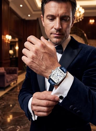 Image of LONGBO Mens Watch Rectangular Shape Alloy Case Business Casual Genuine Leather Strap with Seconds Subdial | Calendar Date | Scratch Resistant Waterproof Watches for Men
