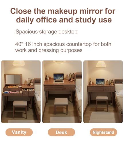 Image of KungFuWood Wood Vanity Desk with Mirror and Lights, Dressing Vanity Table Vanity Set 4 Drawers, 40 Inch Large Make Up Vanity Table Wooden with 3 Lighting Modes Log Color (with Adapter)