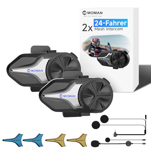 Moman CPX Motorrad Headset mit Gegensprechanlage - Mesh Intercom für 24 Motorräder, Helm Headset 2000M mit Multitasking-Audio AI-Vierfach-Rauschunterdrückung BT5.4/Hi-Fi Stereo/FM/Wasserdicht (2pc)