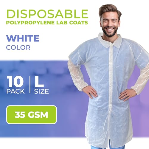 Image of AMZ Medical Supply White Disposable Lab Coat, Large. 10 Pack 35 GSM Polypropylene Fabric Protective Coat. Knee-Length Disposable Lab Coats for Adults with Elastic Wrist, Loop Fasteners, No Pockets