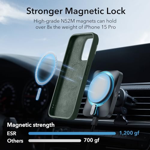 Image of ESR for iPhone 15 Pro Max Case, MagSafe Silicone Case with Stand, Military-Grade Protection, Built-in Camera Stash Stand, Magnetic Phone Case for iPhone 15 Pro max, Cloud Series,Green