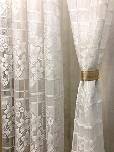 Image of Fabrilia Heavy Polyester Net Semi Transparent Fancy Eyelet Curtain, Floral Design, White, Long Door 4 Feet x 9 Feet, Pack of 2 Pcs,Grommet Curtains