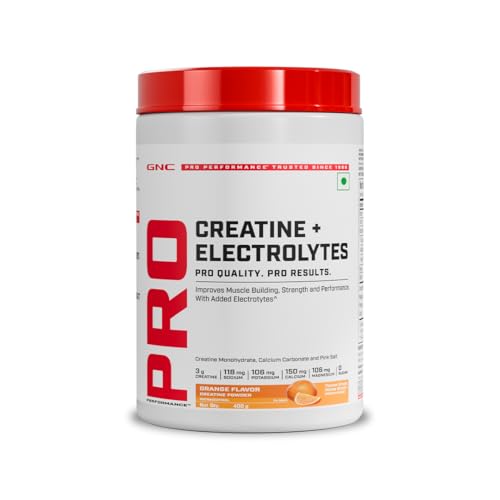 Image of GNC Creatine+ Electrolytes | 3g Creatine Monohydrate + Sodium, Potassium, Calcium, Magnesium | Boosts Muscle Growth, Hydration, Energy & Recovery | Zero Sugar | 100% Veg | 400g | Orange