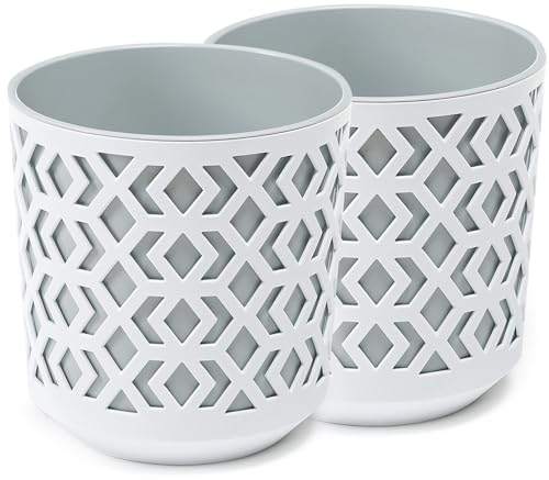 Peczeko Macetas Mate Macetas Decorativas Hierbas Macetas Redondas De Plástico Duraderas Y Ligeras Para Salón, Comedor, Cocina, Terraza, Balcón Juego De 2 Piezas Blanco Gris, Diámetro 14 Cm