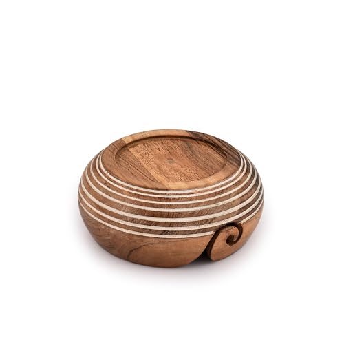 Image of EDHAS Yarn Storage Acacia Wood Hand Made by Indian Artisans Yarn Bowl for Crocheting & Knitting (6 inch x 6 inch x 3'')