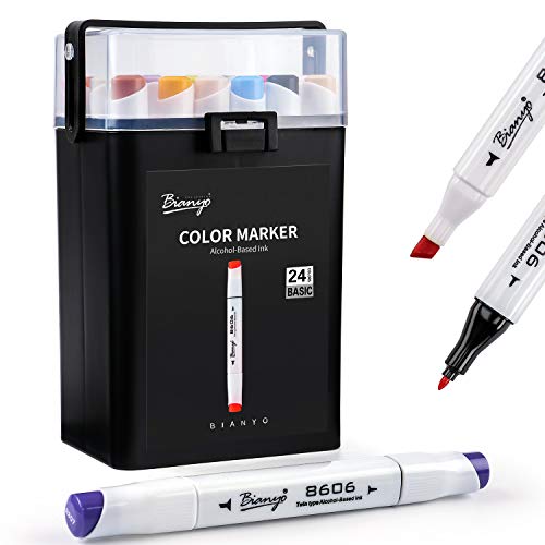 Dual Tip Art Marker Pen Set- Fine and Chisel Nibs, 24 Colors Artist Permanent Coloring Highlighters by Bianyo
